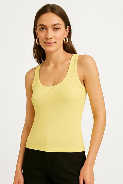 glanour Women's Ribbed Look Thick Strap Basic Beige Tank Top