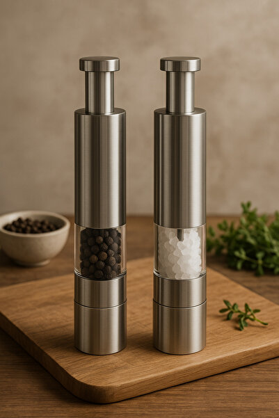 CEZVE HOME 2'li Çelik Manuel Basmalı Karabiber ve Tuz Değirmeni Seti – Bahara...