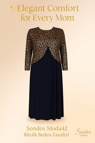 HESNA Navy Blue Mother of Zuhal Jacket Plus Size Stylish Golden Yellow Patterned Mother Evening Dress Suit