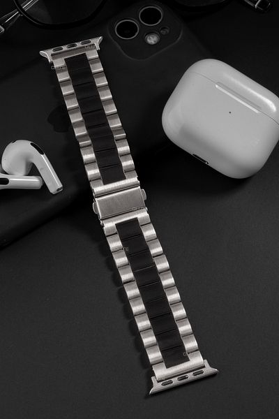 Quse سوار معدني من الفولاذ المقاوم للصدأ، متوافق مع ساعة Apple Watch SE/10/9/8/7/6/5/3، 46 ملم/45 ملم/44 ملم، فضي/أسود
