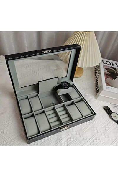 zyc Special Series 8 Slots Watch - Display with Ring and Jewelry Compartments Glass Cover - Storage Box