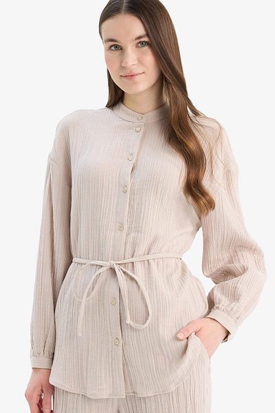 DeFacto E1107 Cămașă cu mânecă lungă din muselină, bej, Relax Fit Basic