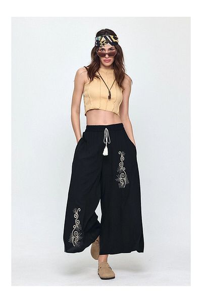 zahı collection Women's Navy Blue Elastic Waist Embroidery Detailed Loose Cut Viscose Trousers