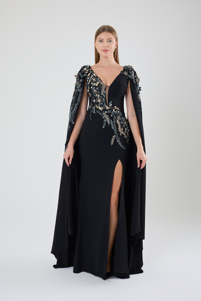 ROJBEY KADIN ABİYE ŞAL KOL V YAKA YIRTMAÇLI TAŞ İŞLEMELİ ELBİSE