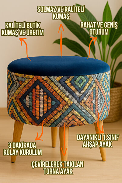 DEKOR MOBİLYACIM Albatros Retro Gürgen Ahşap Ayaklı Dekoratif Etnik Üst Lacivert Desenli Silindir Puf Bench Koltuk