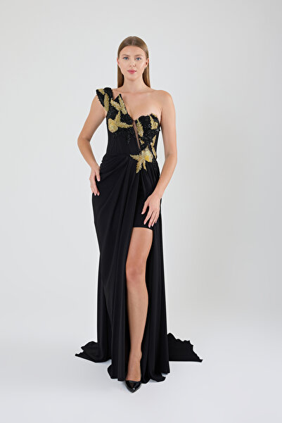 ROJBEY KADIN ABİYE TAŞLI BÜSTİYER TEK KOL YIRTMAÇLI İÇ MİNİ ETEKLI YIRTMAÇLI ...