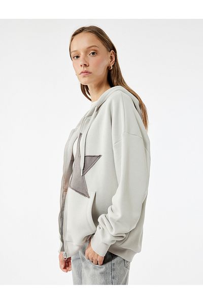 Koton Star Printed Hooded Oversized Zippered Sweatshirt with Kangaroo Pocket