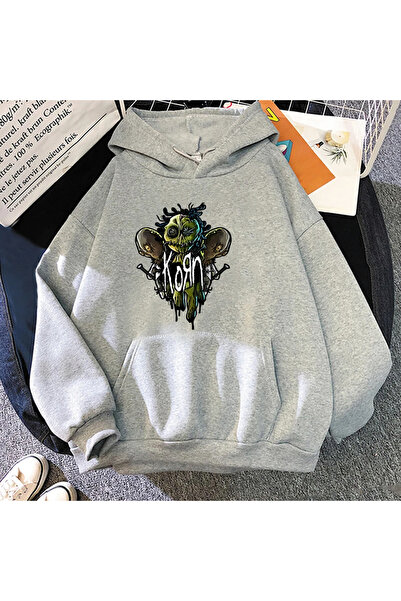 Tarzsokak هودي رمادي للجنسين من Korn Band ذو رسومات معرفية ثقيلة ومقاس عادي