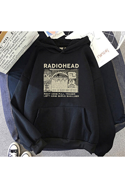Tarzsokak Черна унисекс модна качулка Radiohead за феновете на рок музиката с...