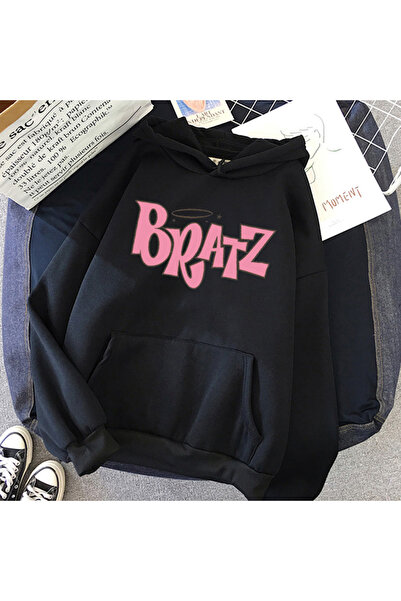 Tarzsokak Μαύρο Unisex Bratz φούτερ με στάμπα γράμματα και κουκούλα, φθινοπωρ...