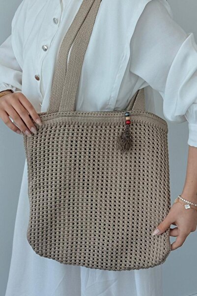 Genel Markalar Boncuklu Hasır Çanta Vizon