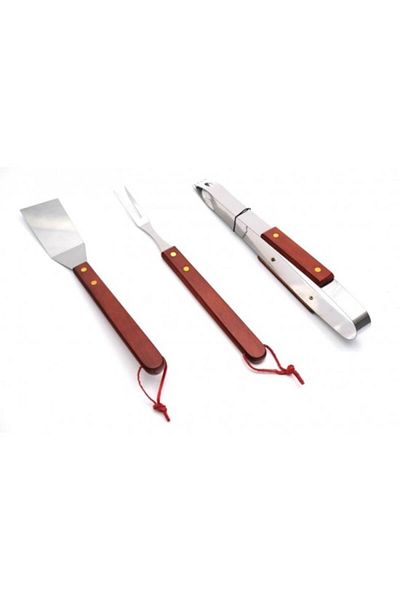 OEM Set 3 ustensile pentru gratar, Inox/Lemn, Argintiu/Maro