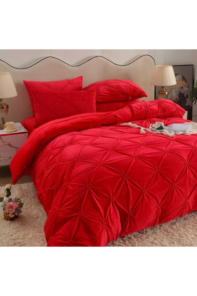 OEM Bed Linen Set, Velvet, 4 Pieces, Double, UniDeluxe with Pleats, Elastic Sheet, Red