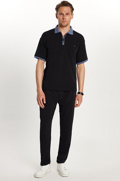 Tudors Set de trening negru pentru bărbați, din bumbac, cu fermoar, cu guler polo, cu șireturi