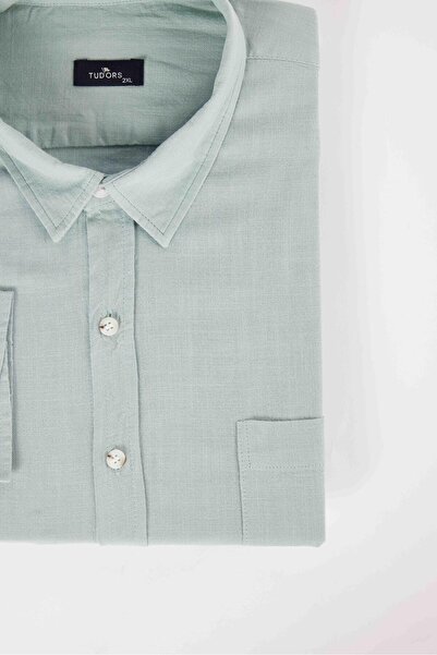 Tudors Men's Big Size Large Size Long Sleeve 100% Cotton Linen Texture Single Pocket Green Button Collar Shirt