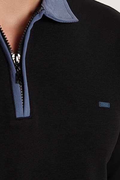 Tudors Men's Standard Fit Cotton Jacquard Zip Polo Neck Waist Lace-Up Black Tracksuit Set