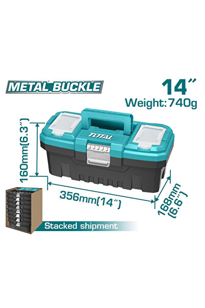TOTAL 14-Inch Plastic Tool Box TPBX0142 with Metal Buckle and Storage Tray, 356x168x160mm