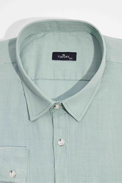 Tudors Men's Big Size Large Size Long Sleeve 100% Cotton Linen Texture Single Pocket Green Button Collar Shirt