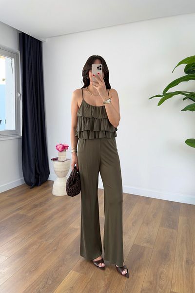 BİRCANÇİL Wish Khaki Suspender Adjustable Blouse Pants Set