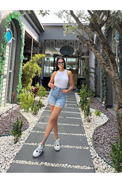 Woman Denim Düğmeli Düz Şort