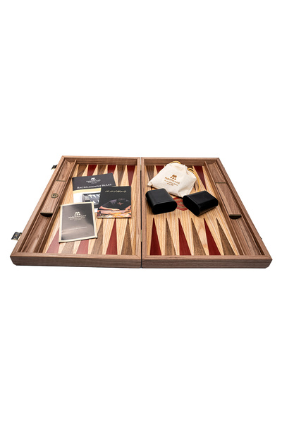 Manopoulos Walnut and Oak backgammon game set with red inserts