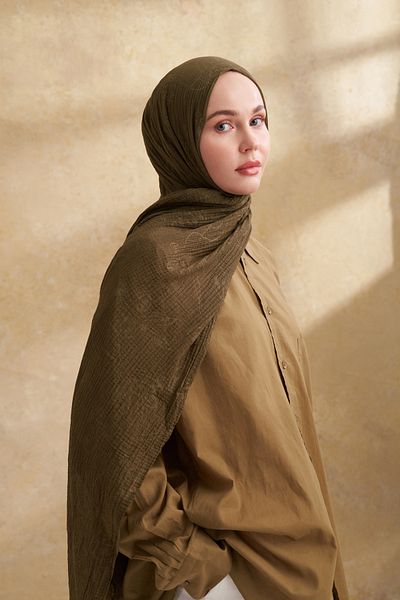 ARMANDA Muslin Leaf Pattern Shal - Khaki
