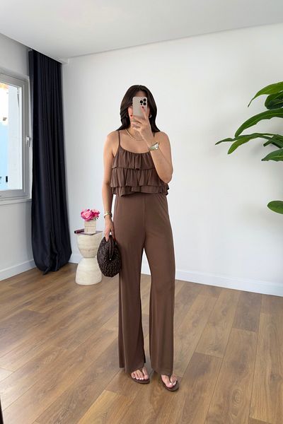 BİRCANÇİL Wish Coffee Suspender Adjustable Blouse Pants Set