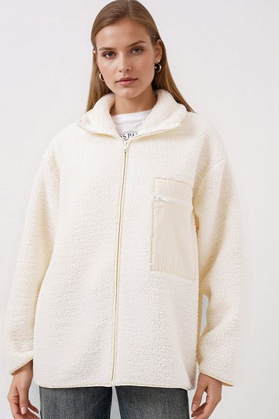 Merterium Women's Zippered Oversize Jacket Coat 1045 - Cream