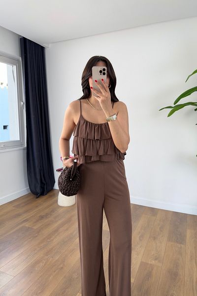 BİRCANÇİL Wish Coffee Suspender Adjustable Blouse Pants Set