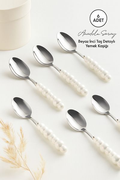 Anadolu Saray 6 Pieces White Pearl Stone Detailed Ceramic Tablespoon |   6 Piece Luxury Tablespoon Set