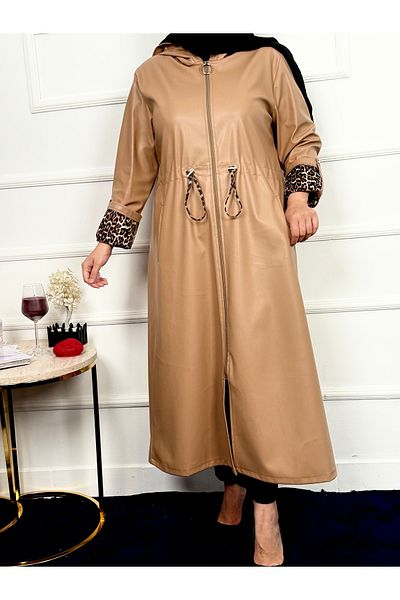RACE FASHİON Leopard Patterned Leather Trench Coat with Inner
