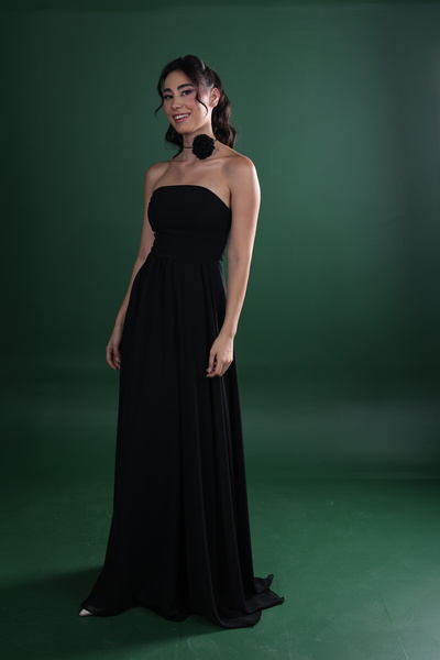 berissima bride Valeria Straplez Çiçek Detaylı Şifon Abiye Elbise