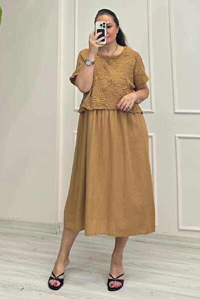 Mine Sabuncuoğlu فستان إليس موتيف بني