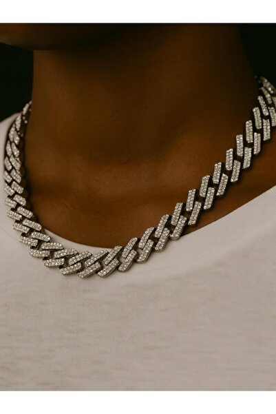 Merand Silver Prong Cuban Chain Full Taşlı Unisex - Kolye Hediye Kutulu