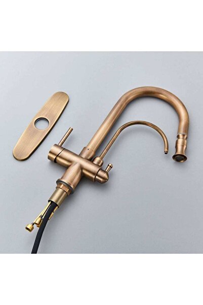 CasaVie Baterie bucatarie 3 cai pentru filtru de purificare si dus extractibil, auriu antichizat, cod 1535