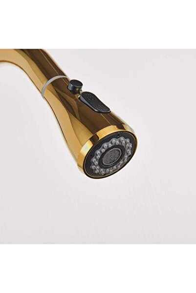 CasaVie Baterie de bucatarie cu 3 cai, auriu lucios, cu 2 functii de curgere si dus extractibil, cod 1506