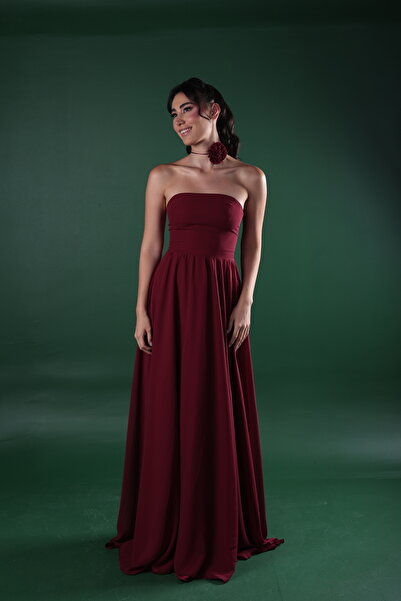 berissima bride Valeria Straplez Çiçek Detaylı Şifon Abiye Elbise