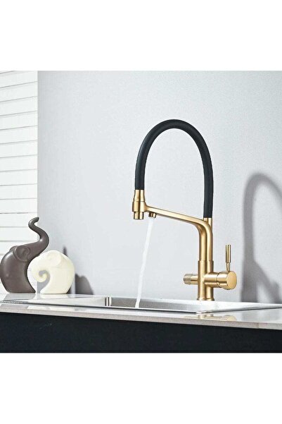 CasaVie Baterie bucatarie 3 cai pentru filtru de purificare si 2 functii de curgere, auriu/negru, 1667