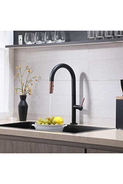 CasaVie Kitchen faucet, with pull-out shower, 2 flow functions, matte black with rose, code 1298