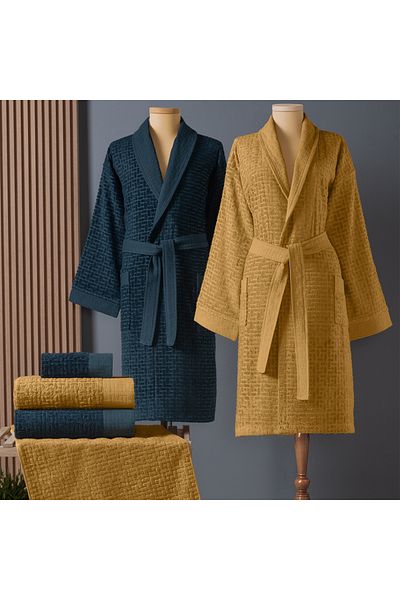 Altınbaşak Lisse Bamboo Family Robe Set Mustard/Navy Blue (6 Pieces)