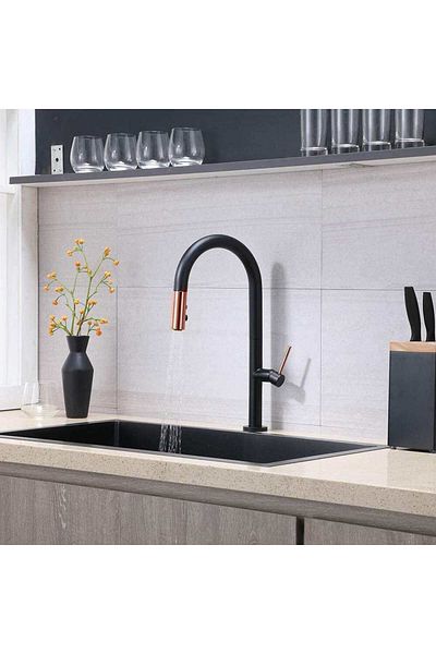 CasaVie Baterie de bucatarie, cu dus extractibil, 2 functii de curgere, negru mat cu rose, cod 1298