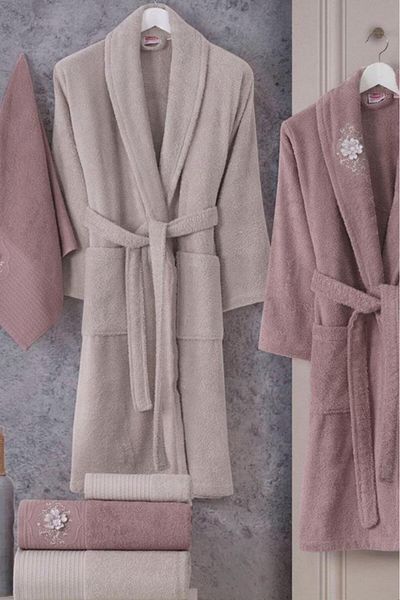 Hobby طقم رداء حمام عائلي مكون من 6 قطع من القطن بنسبة 100% من Line Dusty Rose - بيج داكن