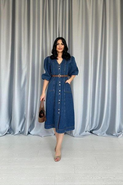 COjans Rochie albastră din denim cu mânecă cu balon