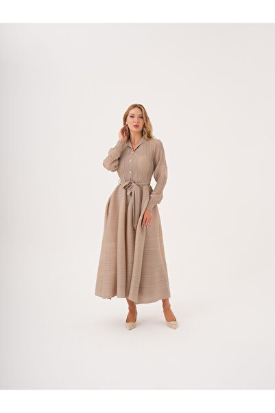 SERPİL Kuşaklı Piliseli Dokulu Gömlek Elbise