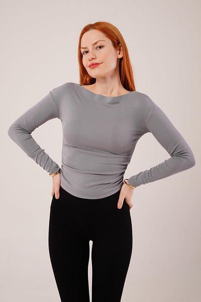modamtn Collar Detail Long Sleeve Basic Gray Blouse