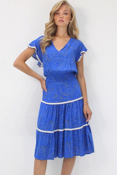 VAGGON Women's Saks V-Neck Ethnic Patterned Fisto Detailed Waist Gipeli Woven Dress Prmx14094