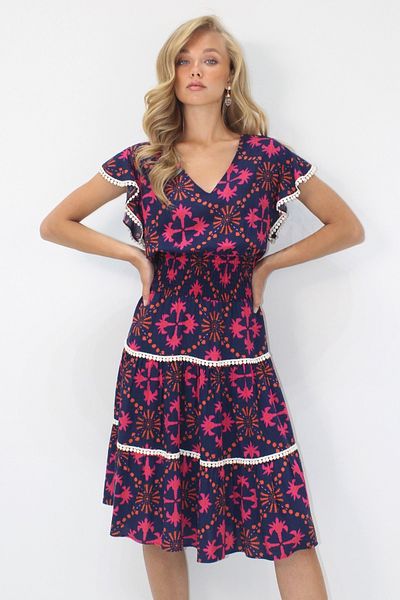 VAGGON Women's Dark Blue V-Neck Ethnic Patterned Fisto Detailed Waist Gipeli Woven Dress Prmx14094
