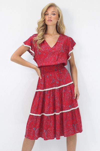 VAGGON Women's Burgundy V-Neck Ethnic Patterned Fisto Detailed Waist Gipeli Woven Dress Prmx14094