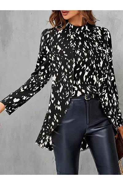 modamtn Women's Long Sleeve Semi Turtleneck Print Woven Blouse