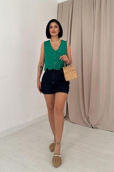 modamtn Green Zero Sleeve Brode Blouse